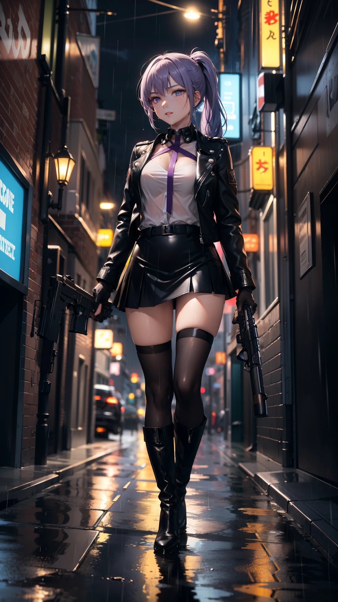 (Masterpiece, best quality, Detailed), a chic, Alone,  of foot, ((VIEW FROM THE FRONT)), (Holds a gun with his hand), ojos Detaileds, purple eyes shirt, Lavender hair short ponytail, Love, Medium breasts, sensual lips, ((harness on the torso)), ((gun case on the thigh)), ((black leather jacket)), (black gloves, ((short school miniskirt)), ( brown stockings), black boots, outdoor, city, cyberpunk, (rain),  night, city lights, Neon lights, dark alley