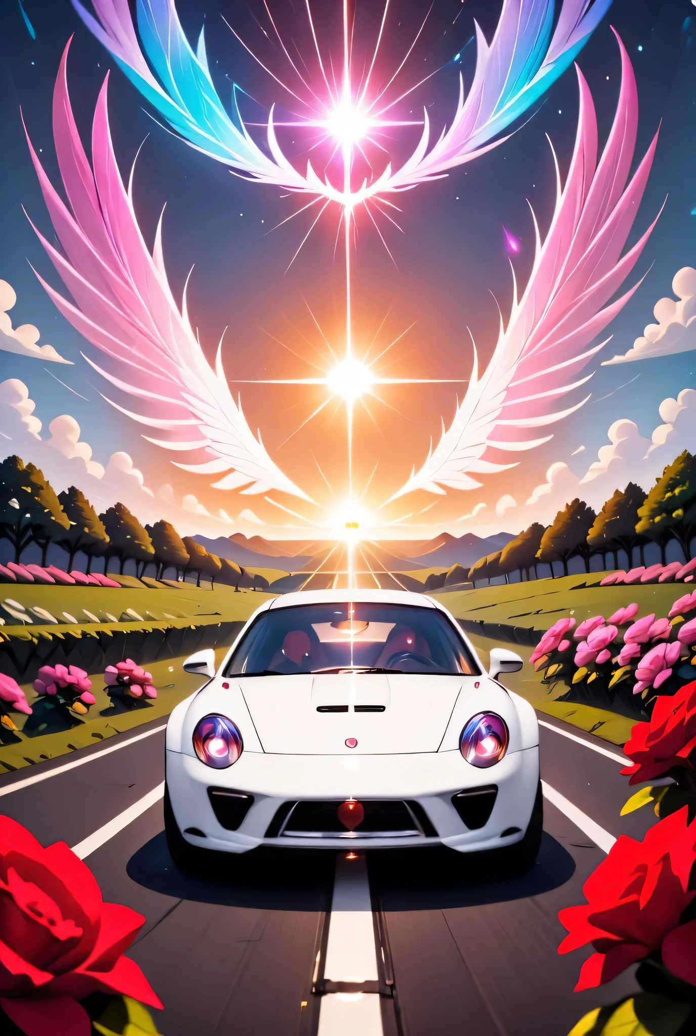 there is a white racing car on a race track, the car has white angel wings, roses along the track, the sun is setting behind the car,  zavy-ctcmcs, w1n