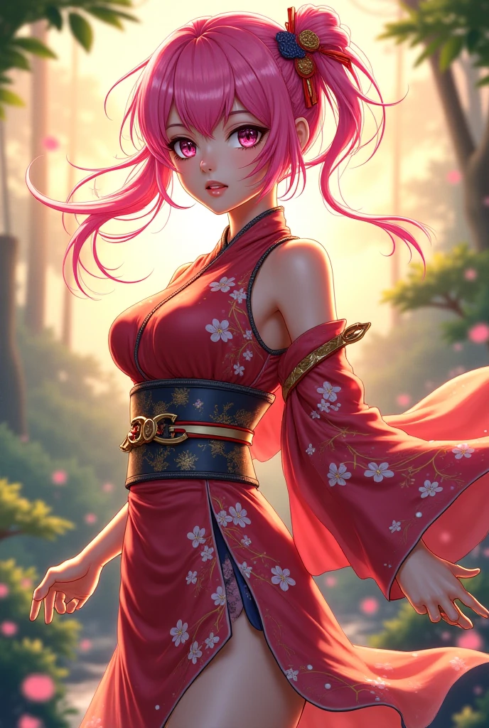 tmasterpiece， Best quality at best， 1girll， Sakura Haruno， Large breasts，Off-the-shoulder attire，（cleavage)，（upperbody closeup)，Raised sexy，is shy，ssmile，with pink hair， long whitr hair， （Green eyeballs:1.4)， Forehead protection， the cherry trees，Cherry blossoms flying，Red clothes，Zipper half