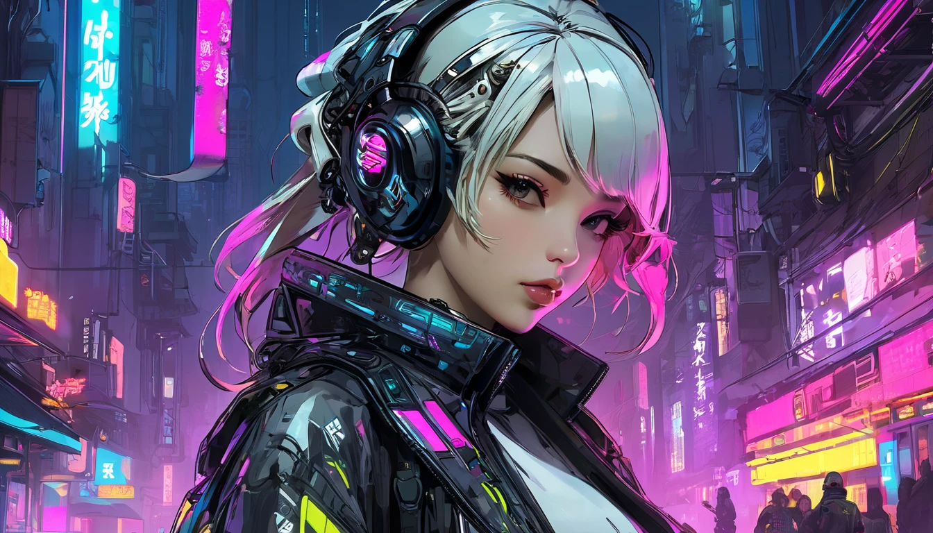 1girl, bangs, white hair, blue eyes, fashi-girl,bob cut,short hair, cleavage, collarbone, open jacket,mecha,cyberpunk,neon lights,large breasts,mature female,shiny skin,rain,water drop,badass,alluring,mecha musume,ghost in the shell,red lips,looking to the side,closed mouth,headphones,cinematic lighting