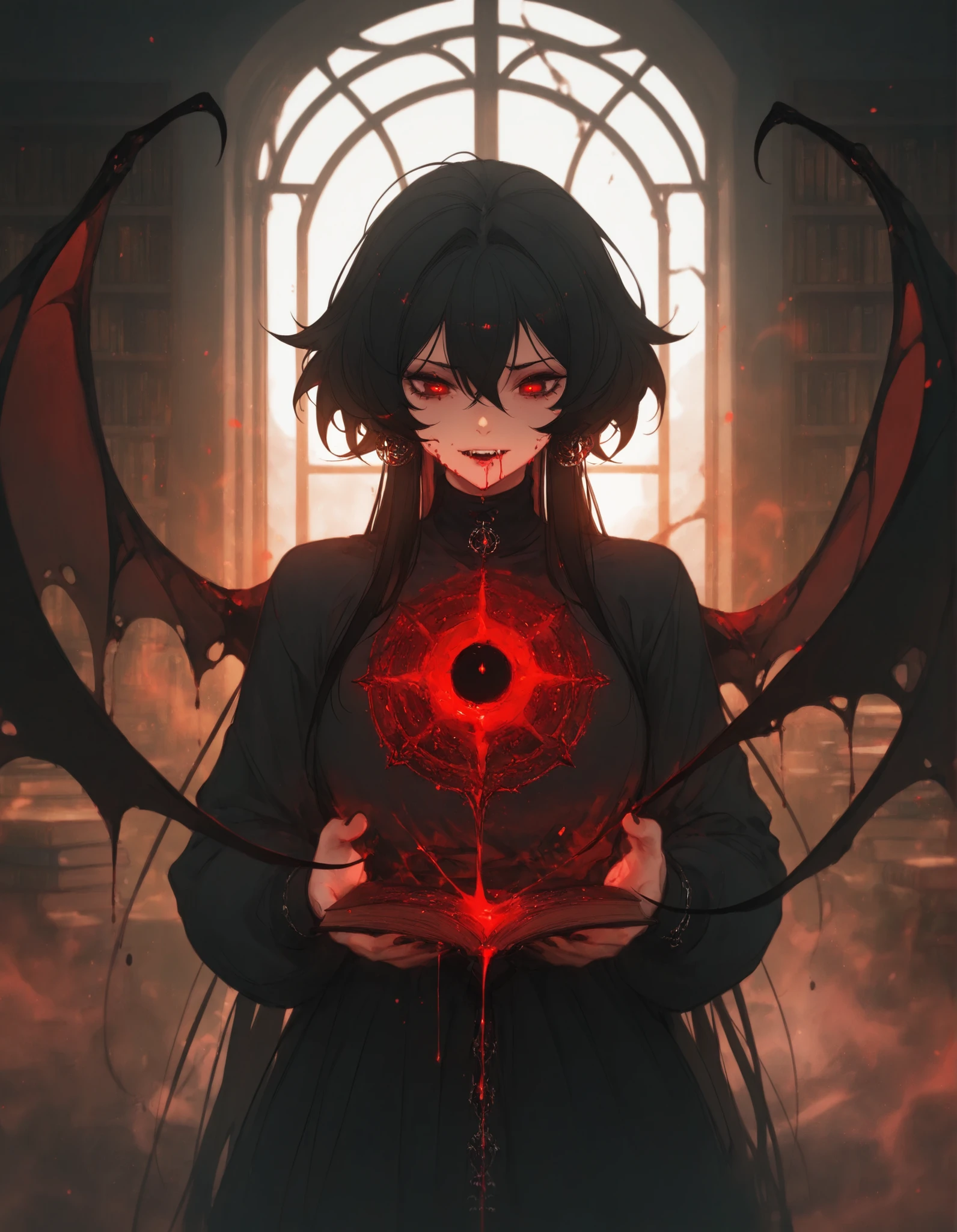 1girl,library_bat_lich, parchment_wings, ink_drip_teeth, tome_ribcage, cursed_reading_room
,masterpiece, best quality, newest, highres, absurdres,