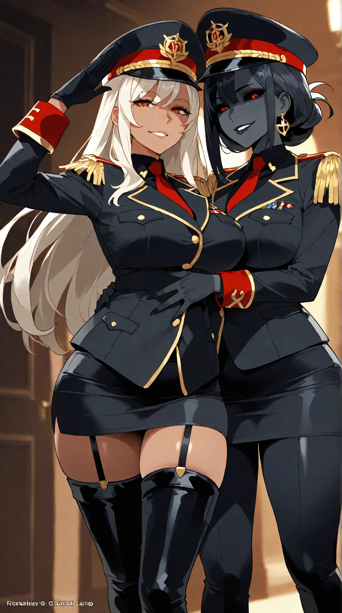 BREAK Perfect Anatomy、(High resolution:1.2)、Incredible illustrations、(Cute illustrations:1.2),(yuri,multiple views,)(Beautiful background,)(from below,dutch angle) 2gial(((blonde hair,shiny hair,hair intakes:1.8,long hair)(doyagao)(Black coat,ゴシック・ータ風Combat Uniform,SILKthong,garter straps,Eye patch:1.5),(a girl, ,height 1.7meters, 40kg),,17-year-old,flat chest))((gradient grey hair,shiny hair,hair intakes:1.4,long hair:1.5,Dark Skin:1.6)(Black coat,Combat Uniform,SILKthong,slut,garter straps,Eye patch),(a girl,flat chest,1.5meters, 40kg),,17-year-old,flat chest)) Cosplayer surrounded by people