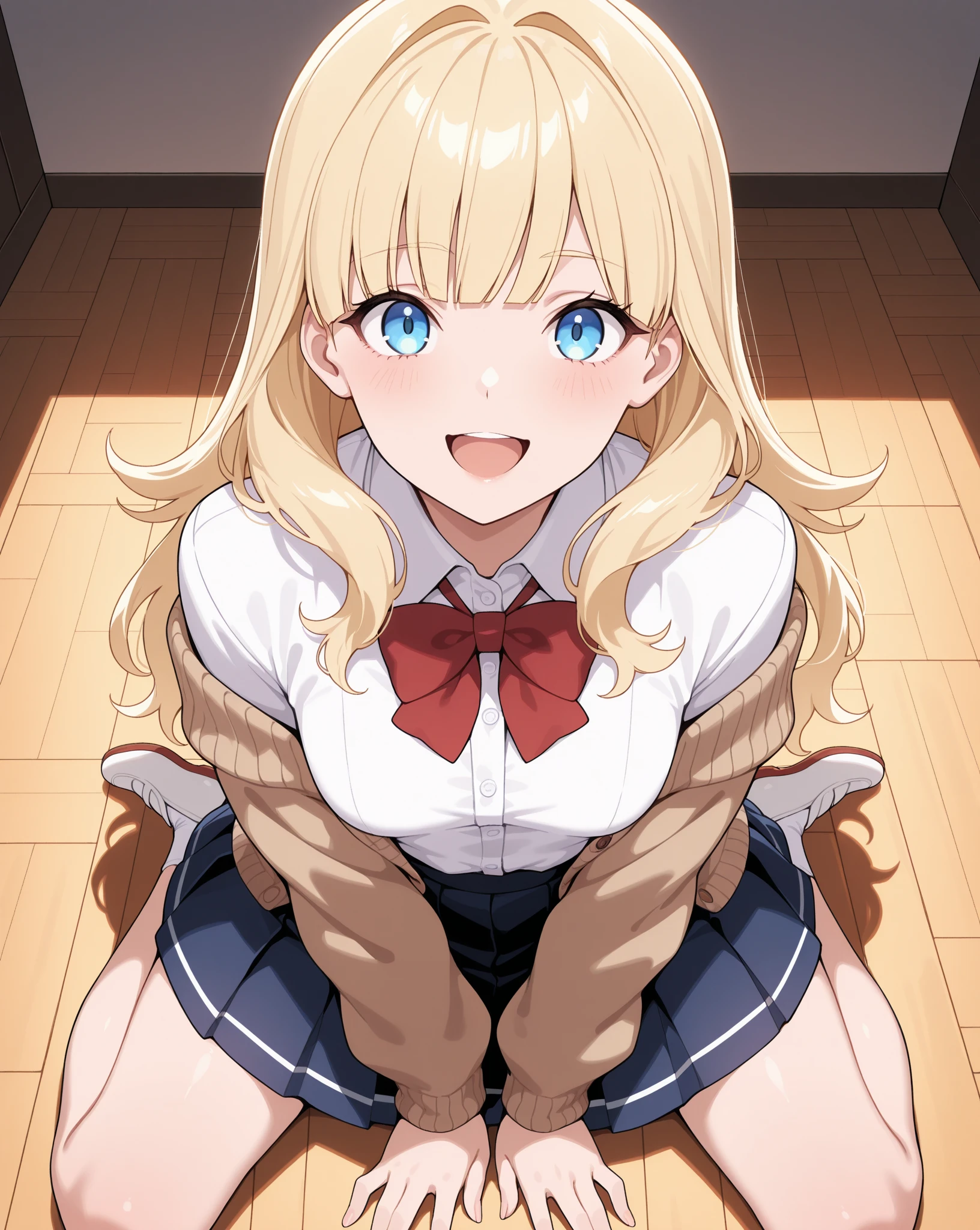 (ultra-highdetail, 8k quality, best quality, extremely detailed illustration, best quality anime illustration, best coloring), (yusa nishimori, serafuku, red shirt, blue eyes, solo), sitting, from below, topless, cameltoe, pink striped pattern bra, nipple, Cleavage, very short skirt, pink striped pattern panties, A flipped skirt, on the bed, vagina, gleaming skin, moist skin, embarrassed, open mouth, five fingers, Troubled face,