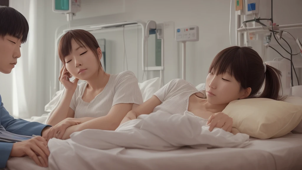 4k,8k,best quality, masterpiece, ,HD, 8k, masterpiece, best quality, peaceful hospital room, (one boy: 1.6), lying on the bed, pale complexion, closed eyes, peaceful expression, wearing hospital gown, surrounded by family members, holding hands, tears in their eyes, mourning the loss, heartbroken --auto