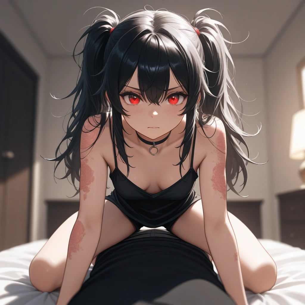 Dark skinned succubus girl with fangs wearing thigh high socks, seductive