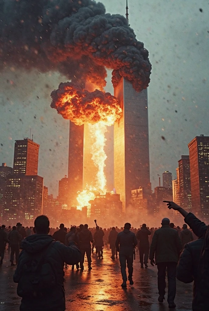 Plane crashing into the Twin Towers during a feminist march