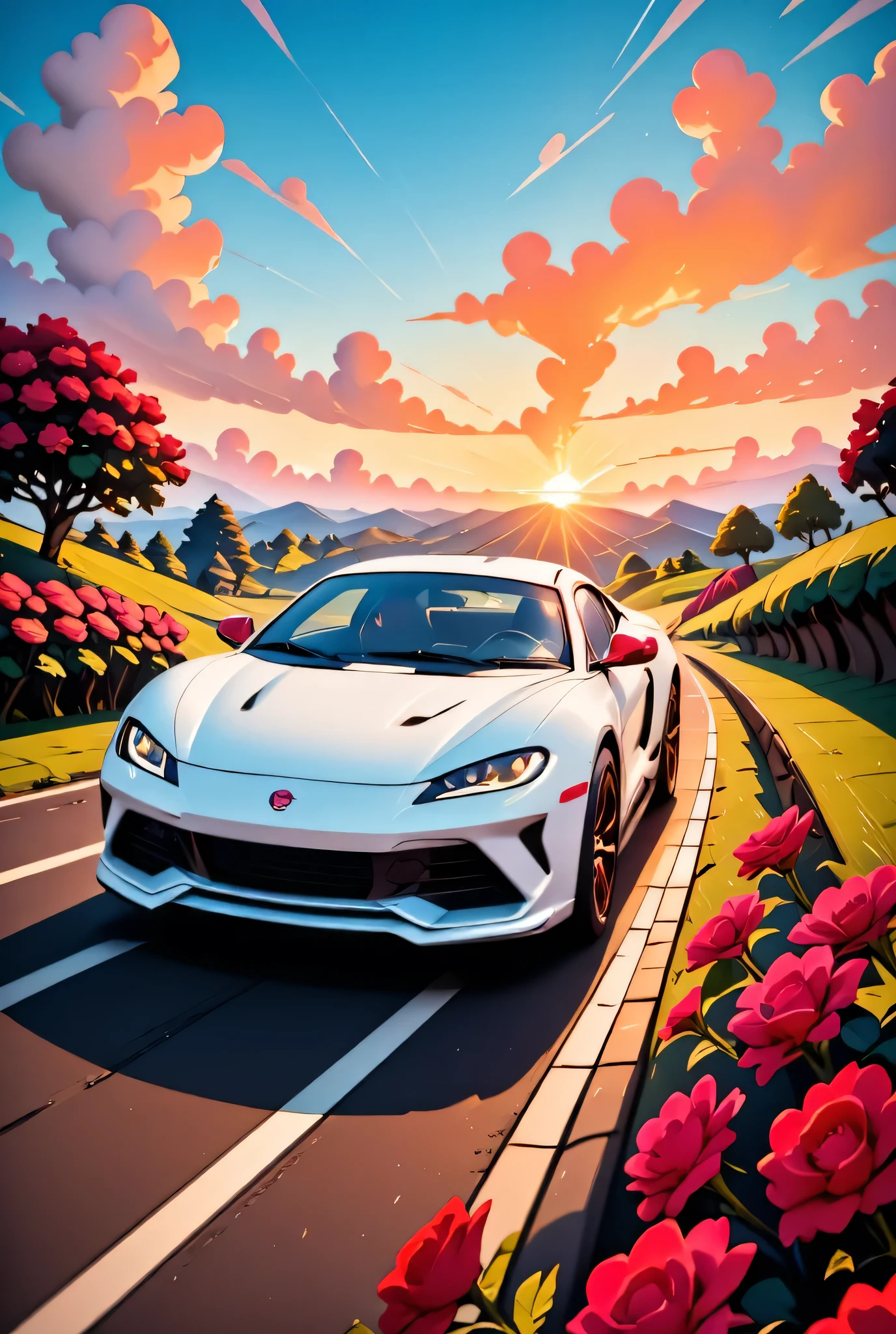 there is a white racing car on a race track, the car has white angel wings, roses along the track, the sun is setting behind the car, zavy-ctcmcs, w1n