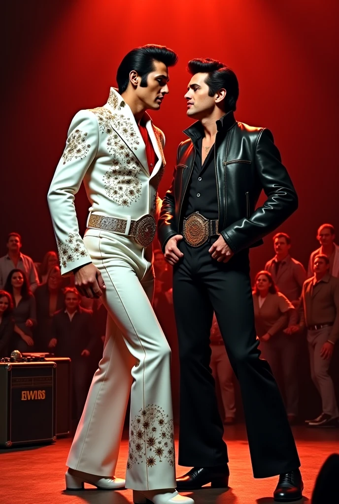 Create an image of Elvis Presley and Fredy Mercury singing at a concert