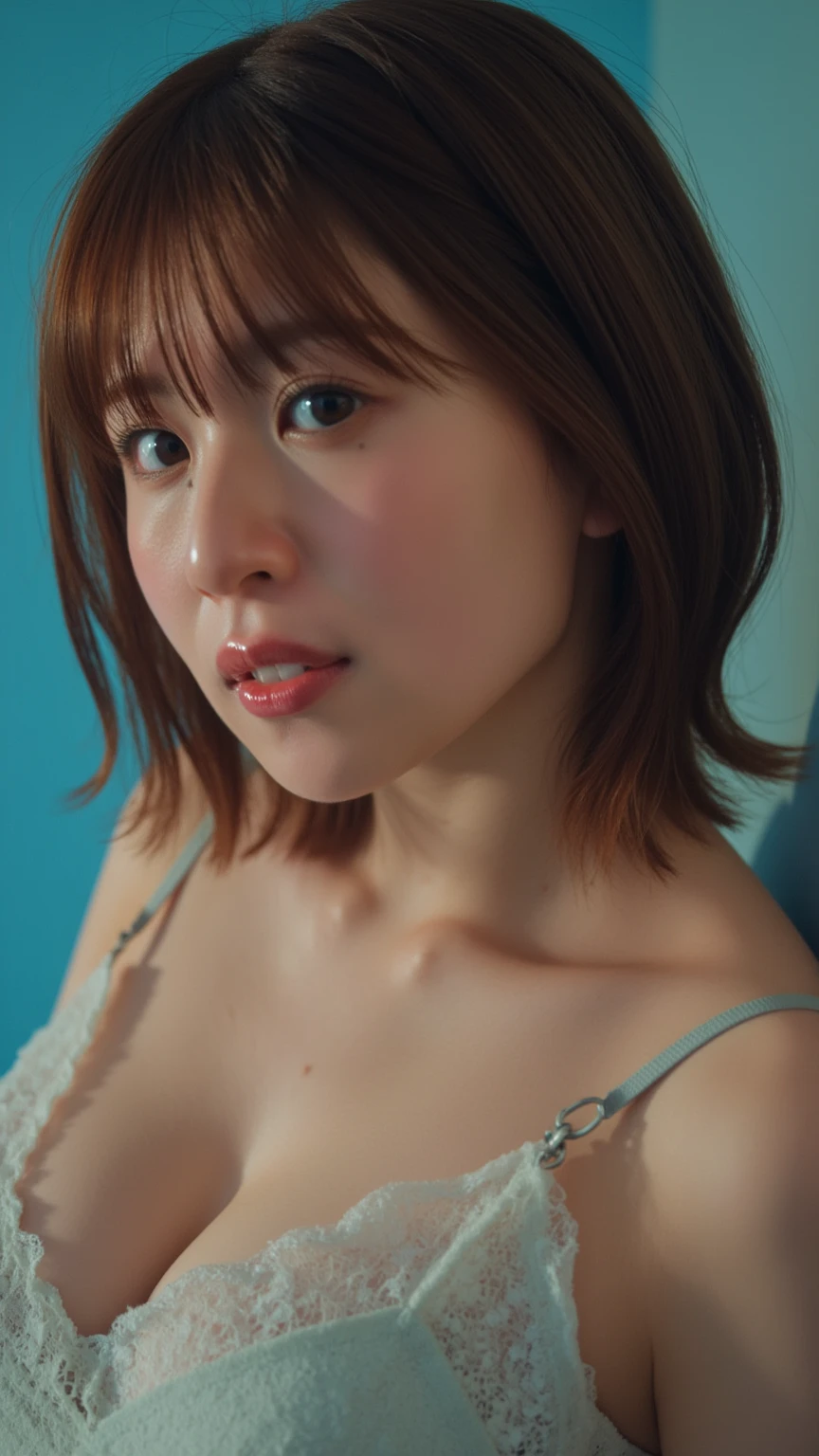 (At the Beach, 1 girl, Small breasts, Short Bob Hair, Light blue bra, panties), Fair-skinned, Glossy Lips, skinny, Body Type, Delicate and sexy collarbone, Highest quality, RAW Photos, Realistic, face, Incredibly ridiculously beautiful girl, cute, Depth of written border, High resolution, 超detailed, detailed, Very detailed, extremely detailed eye and face, Sharp pupils, Sharp focus, Cinema Lighting