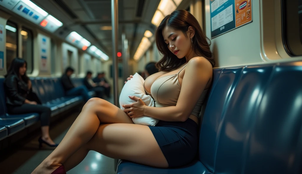 1 beautiful, adult, Asian woman, large body, outlined eyelids, made-up eyelids, sleeveless dress, lace dress, see-through dress, red dress, cleavage, heels, sleeping sitting on the bus, mouth open, eyes closed.