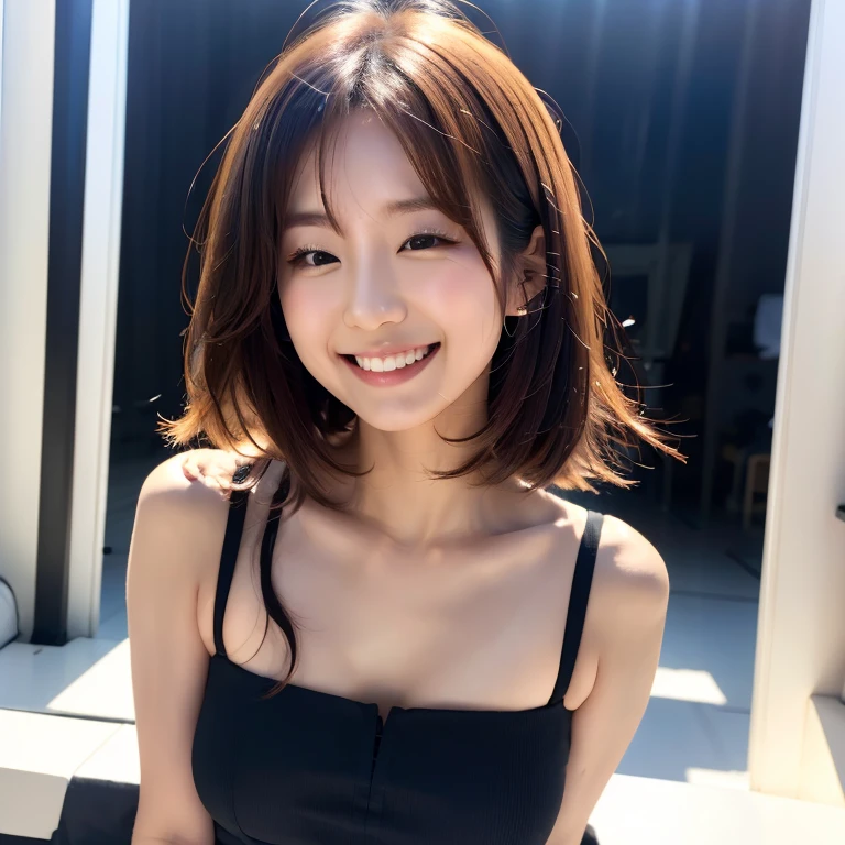 super high quality, Fashion Model, smile, Slenderのネックレス, Slender, The staff is working at the counter in the back., (8k、RAW Photos、Highest quality、masterpiece:1.2), Japanese Idol, Stylish café, (Realistic、Photorealistic:1.37), Bob Hair, Mesh Hair, Urban Cafe, Golden Ratio, Raw photo, Cute face , Light Brown Hair, Small breasts, Bright cafe interior, Blurred Background, Summer clothes, Beautiful hairstyle, Cafe Terrace, Open Cafe, Photographed inside the cafe, Hair blowing in the wind, boyish, T-Shirts, 18-year-old, younger sister,