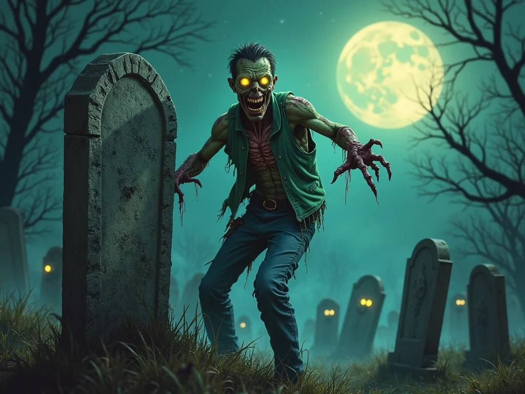 ((Primanter in maximum resolution of 16K, with the cartoon horror style inspired by Tim Burton, emphasizing a dynamic 3D perspective)). | A zombie sailor, characterized by classic elements of Tim Burton's style, is positioned in a gloomy and haunted cemetery. It is surrounded by a low fog, with a starry sky in the background, which contrasts with the macabre atmosphere of the environment. The scene includes clay, tombs, tombstones, a mausoleum covered with mosses, thorns, branches and roses, all with vivid and clean colors. The dramatic luminosity and high contrast create a chilling and engaging atmosphere. | The scenery is enriched by details such as twisted trees, elongated shadows and crows perched on tombstones in the foreground. The stars in the sky shine brightly, while the full moon illuminates the scene with a pale and ghostly light. | The three-dimensional and Dutch angled composition adds a surreal touch to the scene. | The cinematographic lighting, with elements of brightness and soft lighting, highlights the details of the zombie sailor and the scenery. The effects of ray tracing and volumetric lighting accentuate depth and contrast, creating a sense of space and immersion. | The zombie sailor, with his decomposed skin, empty eyes and worn sailor clothes, is portrayed with precision and intricate detail. The creeping fog around it and the starry sky in the background add a layer of mystery and supernatural beauty. | The scene captures a moment of loneliness and contemplation in a frightening and beautiful environment, with the zombie sailor looking at the starry sky with an expression of melancholy. | The camera is positioned very close to him, revealing his entire body as he assumes a dynamic-pose, interacting with and leaning against a structure in the scene in an exciting way. | (((He takes a dynamic-pose as he interacts, boldly leaning on a structure, leaning back in an exciting way))). | (((((full body image)))).