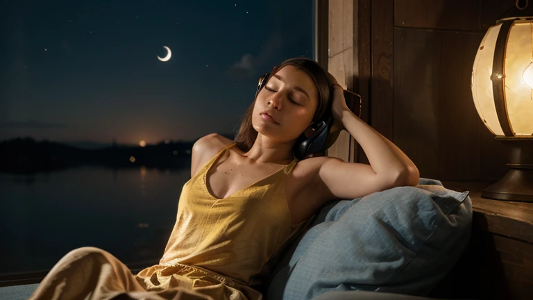 fancy room, night view, moon, stars, sea, sand, girl looking to the sea relaxing with headphones.
