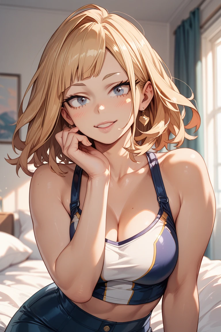 in 8K、top-quality、masterpiece、ultra-detailliert、Ultra-high resolution、((1 persons))、girl with、White tank top、a blond、makeups、all-fours、cleavage of the breast、Frontal perspective、Gymnasium