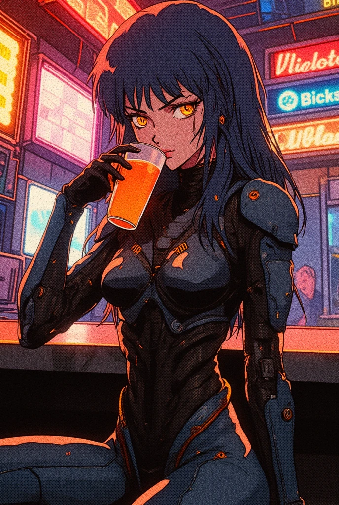 Ghost in a shell, interior of a futuristic bar, cyberpunk, 1girl sitting on the chair and drinking a futuristic soda, trending on ArtStation, Intricate, High Detail, Sharp focus, dramatic, photorealistic, intricately detailed, (amazing details:1.2), highly detailed skin, (detailed eyes:1.2), striking eyes, (detailed background), (dynamic angle:1.2), (dynamic pose:1.2), (Line of action:1.2),