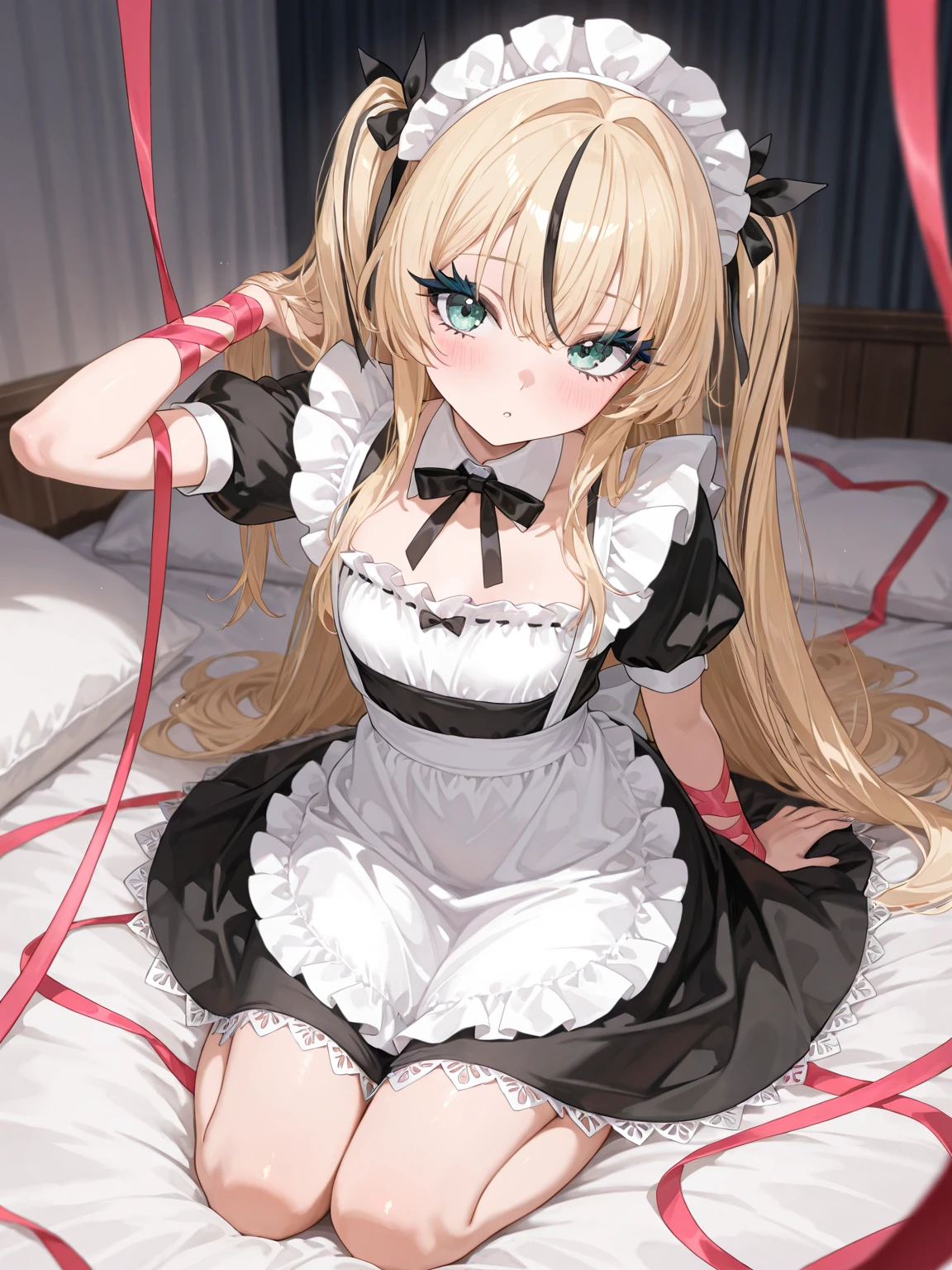 Shiny blond hair, very long hair, sophisticated haircut, ((((hair fully braided)))), ((small twisted braids)), thin and oval face, submissive, (((gagged))), ((((very cute maid girl)))), ((((very cute black maid dress)))), ((((cute waitress serving a blond man)))), cute and blushing 18 years old anime girl, look away because she is embarrassed and blushes, bright blue eyes, detailed face, detailed members, detailed arms, detailed hands, ((((sparkling diamond jewelry)))), tiara, ((makeup)), high heels, puffy sleeves, long gloves, long eyelashes, maid costume, maid dress, maid girl, Girl lying, tied by ropes, shackled, can no longer move, tied tightly, very hard tied up with lots of ropes, hampered by so many ropes that she can no longer move, bound hands and feet, ropes tie his whole body, tied extremely tightly and forcefully to her bed by a lot of ropes, its limbs are strongly tied together by ropes, his torso is tied up with thick cords, her chest is so tied up with ropes that it sticks out, her legs are tied tightly with thick ropes, his hands are tied behind his back with ropes, she can no longer move her feet, her hands which are tied by thick ropes, she desperately tries to free herself, likes to be tied tight with big ropes, likes to be immobilized by big ropes, lying down, his hands and feet are strongly tied to the railing of his bed, his legs are pressed together and tied with ropes, its limbs are held vigorously by imposing ropes, her hands are tied securely behind her back by ropes, her chest is compressed by strong ropes, she is pressed against her bed and restrained by large ropes (shibari, arms behind the back:1.4), (hands on the back), (masterpiece, best quality) 1.5, 1girl, solo, (sexy, beautiful woman, perfect face, perfect eyes, perfect hands), samus aran, (shibari, arms behind the back:1.4), (hands on the back), Spread the legs, s' ((lie in bed by big ropes)), ((close up of the girl)), ((((lie in bed))))