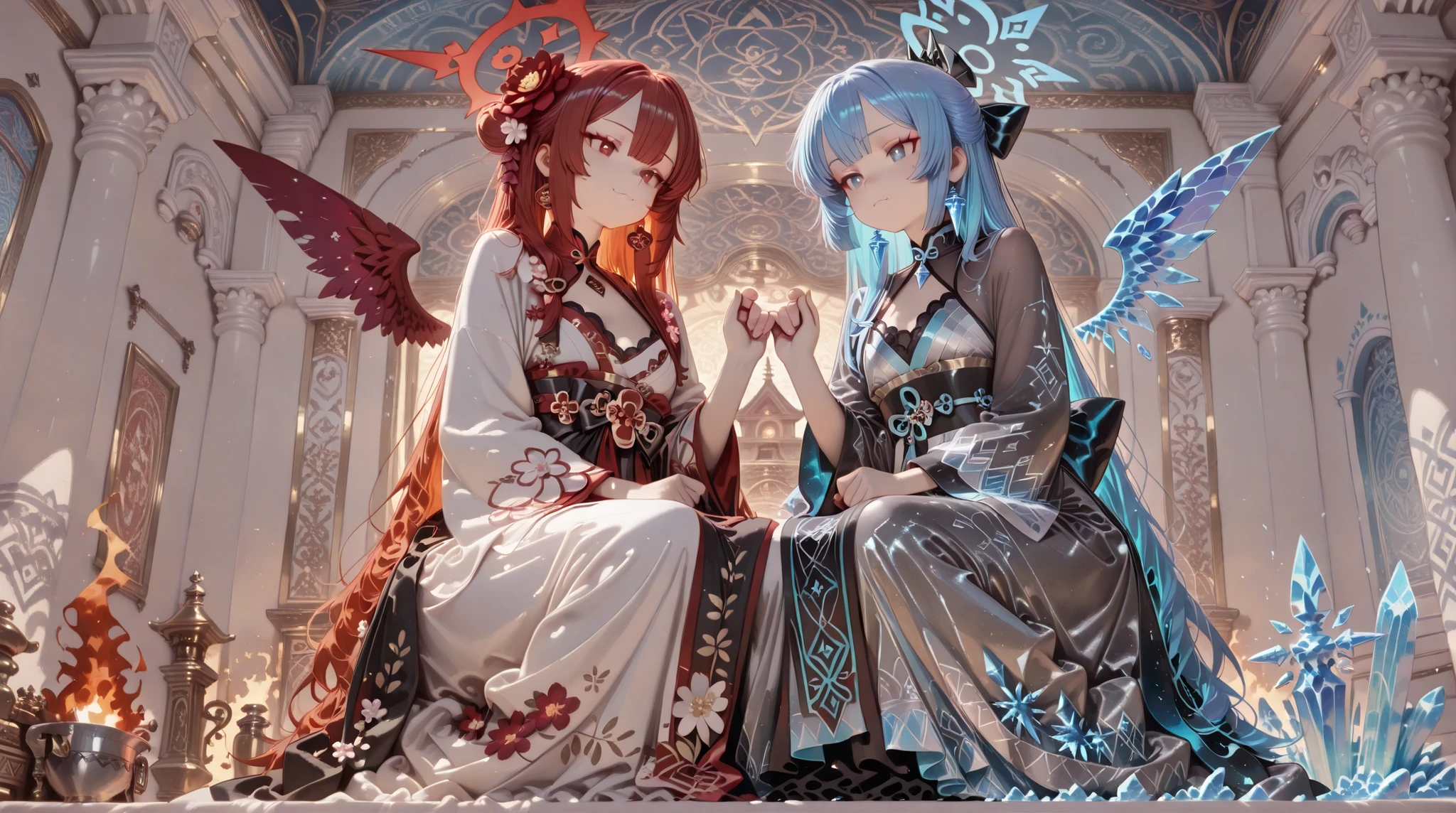 (extremely CG ,best quality),(best illumination,best shadow),8k wallpaper,
(2King look at each other),\(ᒏᒏᒏᒏᒏᒏᒏᒏᒏᒏᒏᒏᒏᒏᒏᒏ\),
\((beautiful and detailed girl) with (beautiful and detailed face) with (blue long hair) with (blue eyes) with (flower necklace) with ([white:0.8|blue|golden] long sleeves lace layered long dress) with (black waistband) with (full body) with (flower:1.2)+(pretty blue ice:1.25)+(blue Ice crystals texture the wings:1.3)\) inside (floating palace:1.3)),༅༅༅༅༅༅,
(half decorational vertical border in the middle),(Symmetry split theme and screen:1.4)),
\((beautiful and detailed girl) with (beautiful and detailed face) with (red long hair:1.35) with (red eyes) with (flower necklace) with (([red|black|silver:3.0] long sleeves lace layered long dress)) with (black waistband) with (full body) with (flower:1.35)+(pretty red fire:1.32)+(red Wings covered in flame:1.4)\) inside (floating palace:1.3)),
[[delicate fingers and hands:0.5]::0.85]
