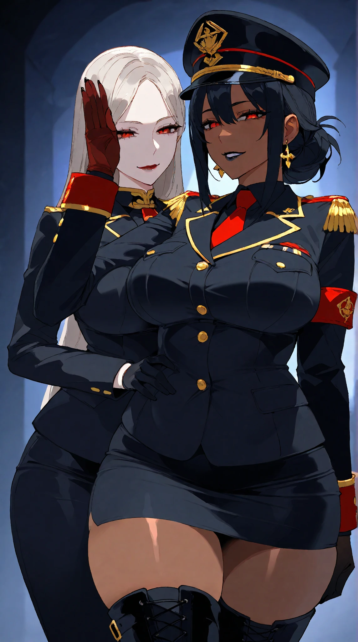 multiple girls, group picture, 3girls, standing, (salute), gold earrings, large breasts, jewelry, military cap, (military uniform), (epaulette), jacket, harness, thigh strap, black thigh boots, (layered skirt), miniskirt, corruption, empty eyes, half-closed eyes, evil smile, no pupils, smirk, 1girl, ((milf)), mature female, married woman, dark theme, dark persona, skindentation, wide hips, nsfw