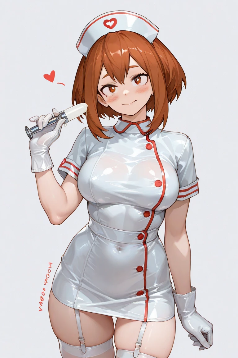 <lora:Palina:0.8>,palina, 1girl, solo, breasts, looking at viewer, blush, short hair, large breasts, simple background, brown hair, gloves, long sleeves, white background, closed mouth, purple eyes, thighs, shiny, white gloves, huge breasts, shiny skin