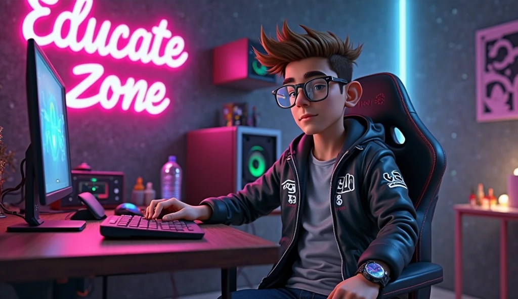 (Boy playing video game on computer with black leather jacket and white headphones, concentrated expression, luz de LED azul ao redor, fundo escuro, ambiente futurista, Brown skin without glasses, CABELO CURTO, HE'S AN ADULT )
