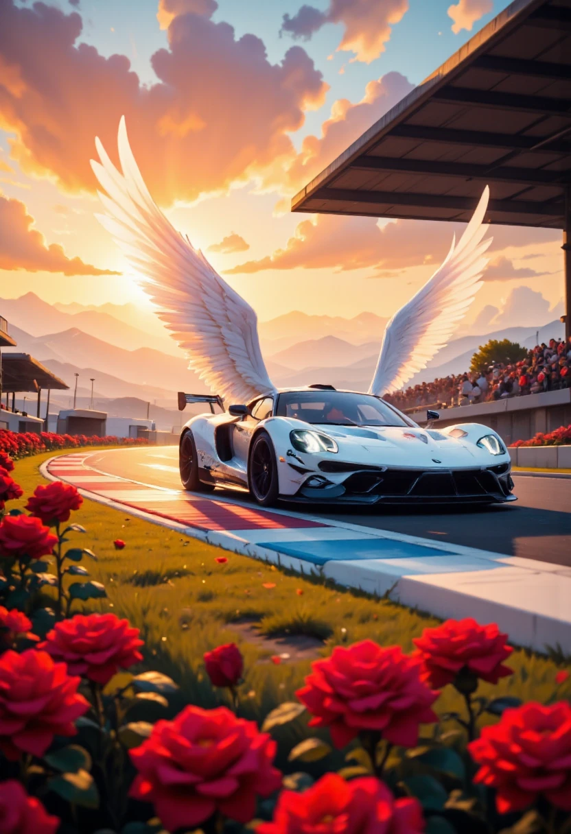 there is a white racing car on a race track, the car has white angel wings, roses along the track, the sun is setting behind the car,  zavy-ctcmcs, w1n