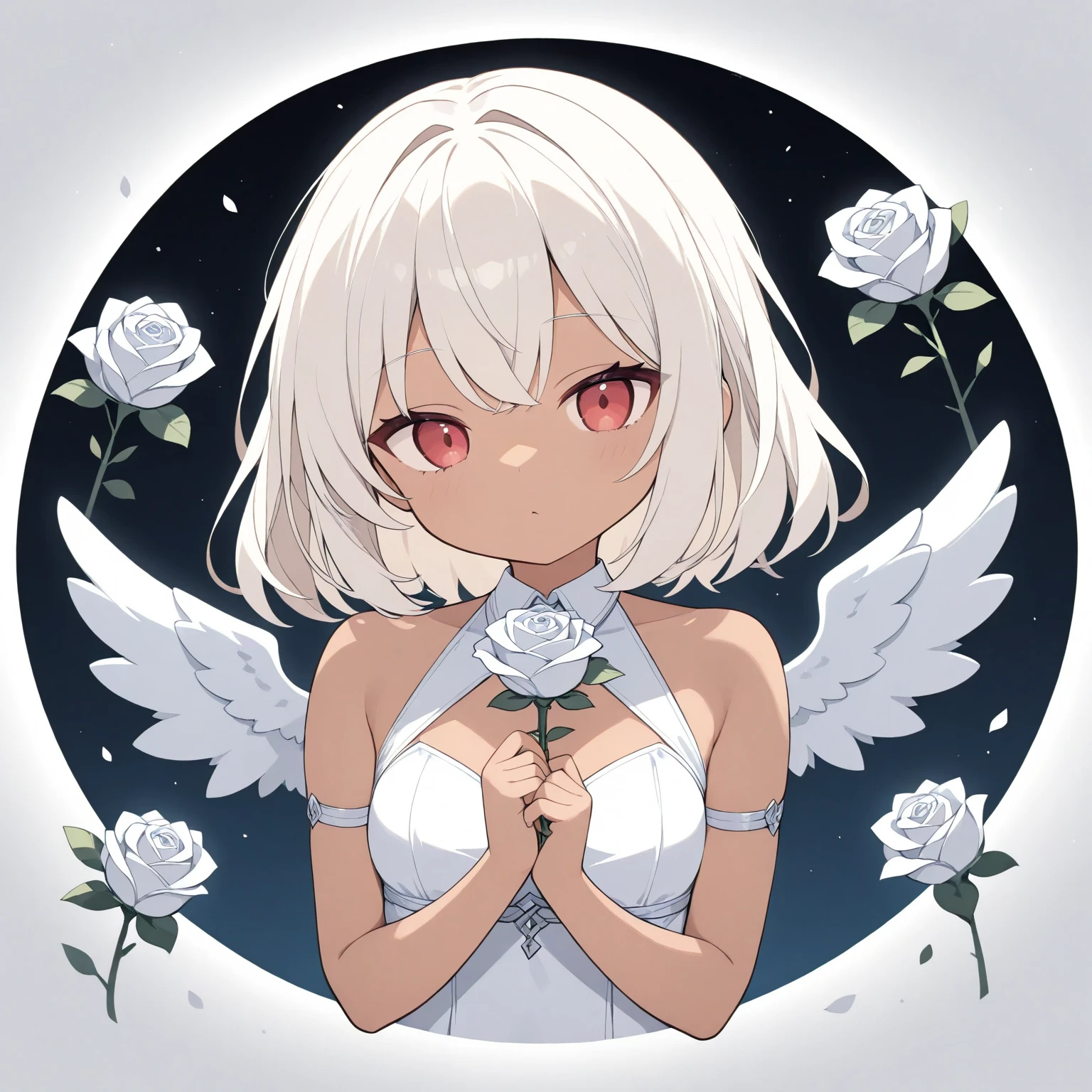 1girl,red eyes,breasts,solo,nude,wings,flower,black flower,halo,looking at viewer,white hair,sitting,drill hair,small breasts,feathered wings,rose,bangs,hair ornament,long hair,hair between eyes,looking to the side,black rose,hair flower,completely nude,twin drills,from side,angel wings,angel,petals,white wings,closed mouth,<lora:tebolika-000008:0.85>,
