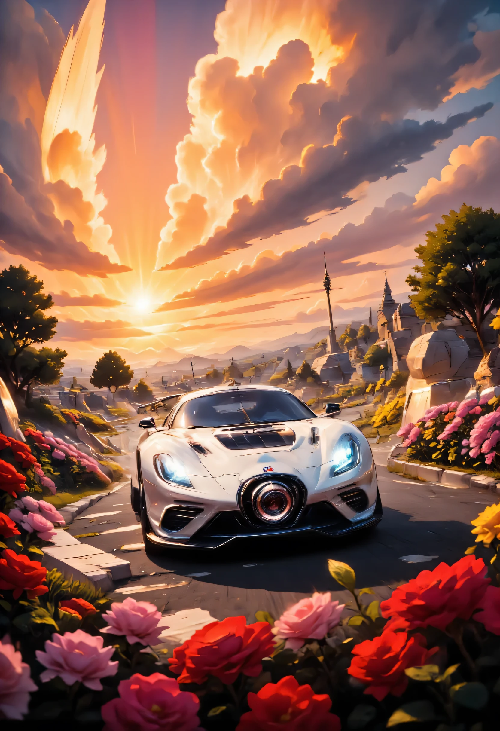there is a white racing car on a race track, the car has white angel wings, roses along the track, the sun is setting behind the car,  zavy-ctcmcs, w1n