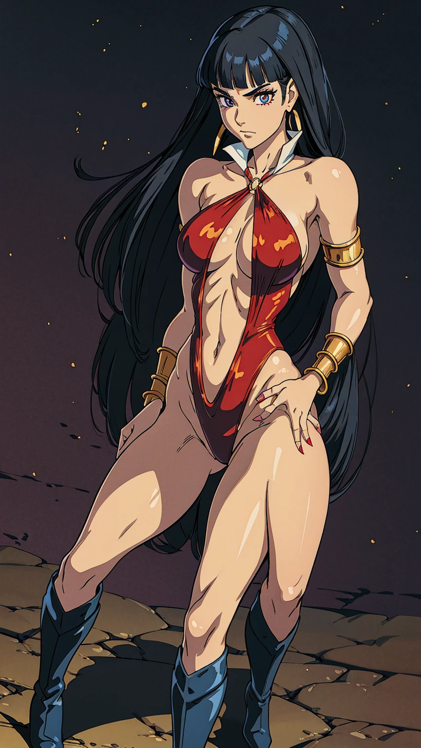 Megan fox as Vampirella, (wearing a red vampirella outfit:1.25), (muscular physique, pale skin, red glowing eyes:1.25), walking down a cemetery on a moonlit night, full moon, dark gothic atmosphere, thin legs, Realistic, Very detailed face and eyes, (masterpiece:1.1), (best quality:1.1), (ornate:1.1), (beautiful girl face:1.25)