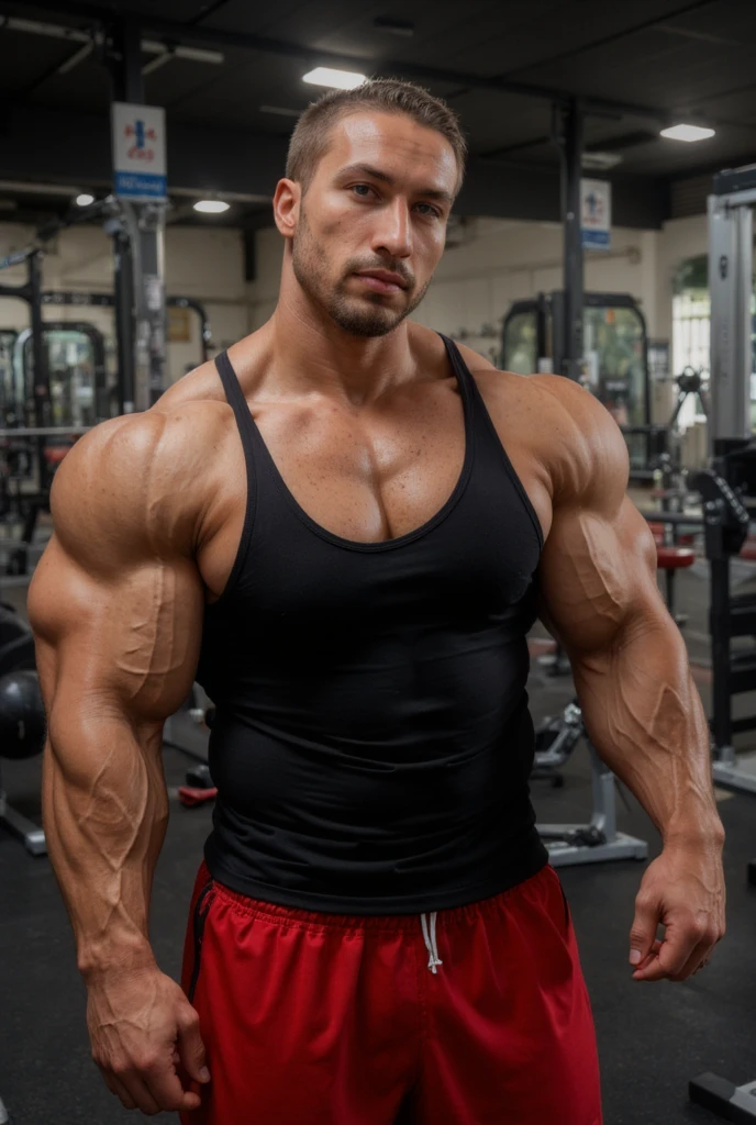 a man, short hair, wearing a white tank top, big beautiful eyes, massively muscular, massively large muscles, massively large biceps, in a gym