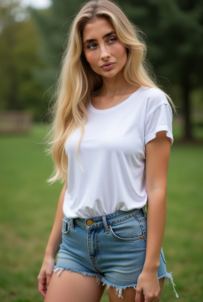 1girl in, 20, Solo, Long wavy hair, , long messy windy blonde hair, looking at camera, o-face, blonde hair, jewelry, Full body standing, (extremely detailed 8k wallpaper), soft lighting, high quality, film grain, Fujifilm XT3 sharp focus, f 5.6, 50mm, High Detail, Sharp focus,(natural light), (seductive), revealing, Realistic, sexy, (tight white T-shirt), short denim jean, full body standing head to toe,