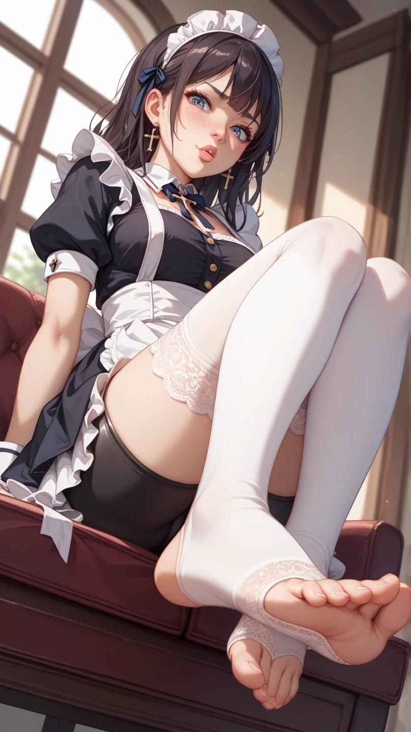 {{Masterpiece}}, illustration, best quality, extremely detailed CG Unity 8k wallpaper, 1girl_solo, full_body, from_below, looking_at_viewer, looking_down,(without shoes: 1.3), garden, figure,Purple hair, braid bangs,Red hair band,(sexy and charming panties),close-up of feet, hair_ribbon, intense edge light, flower,cameltoe,T-shirt,Pleated skirt, (White Pantyhose:1.3), chair,