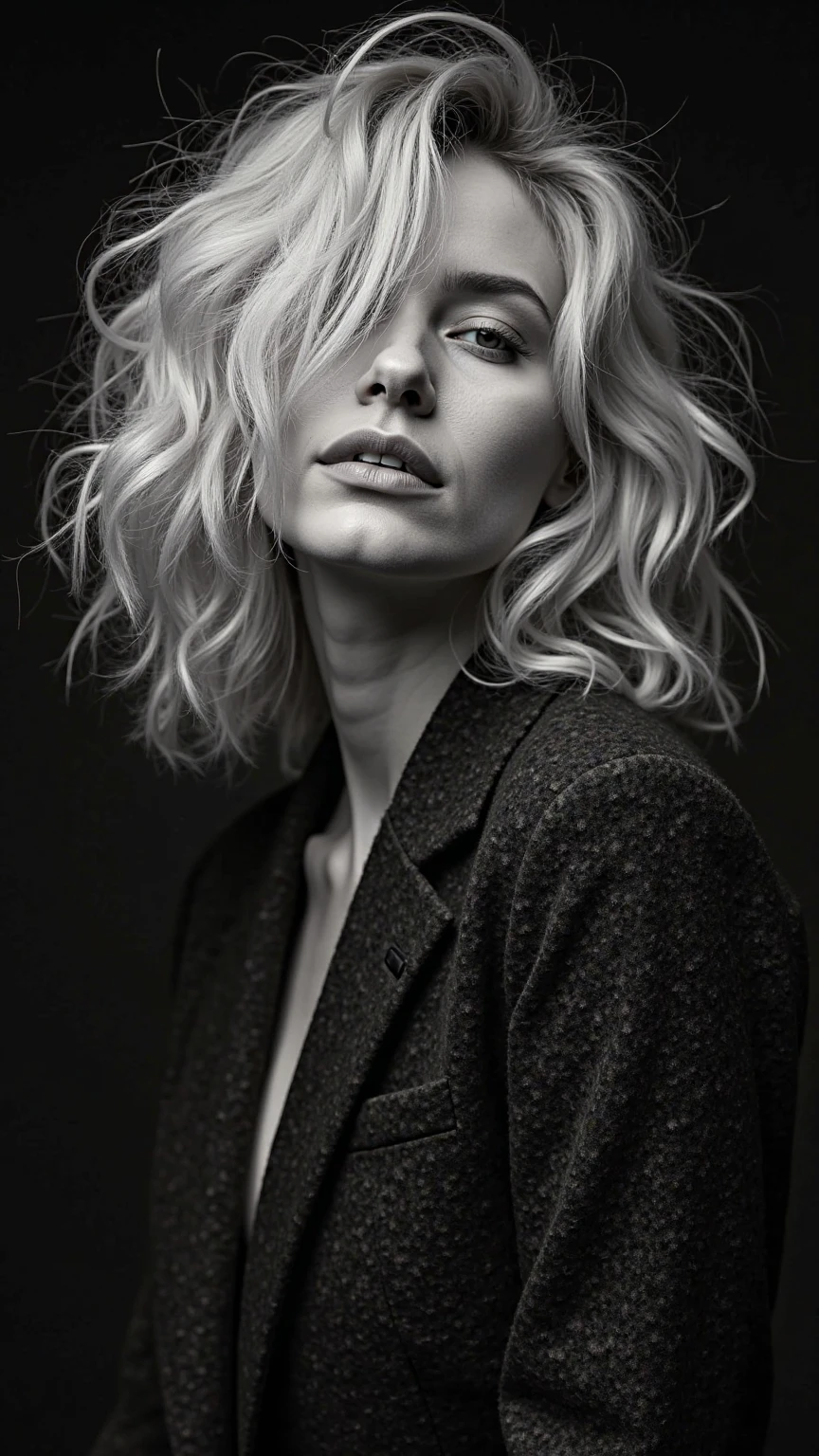 Close-up black and white portrait of a woman with voluminous - SeaArt AI