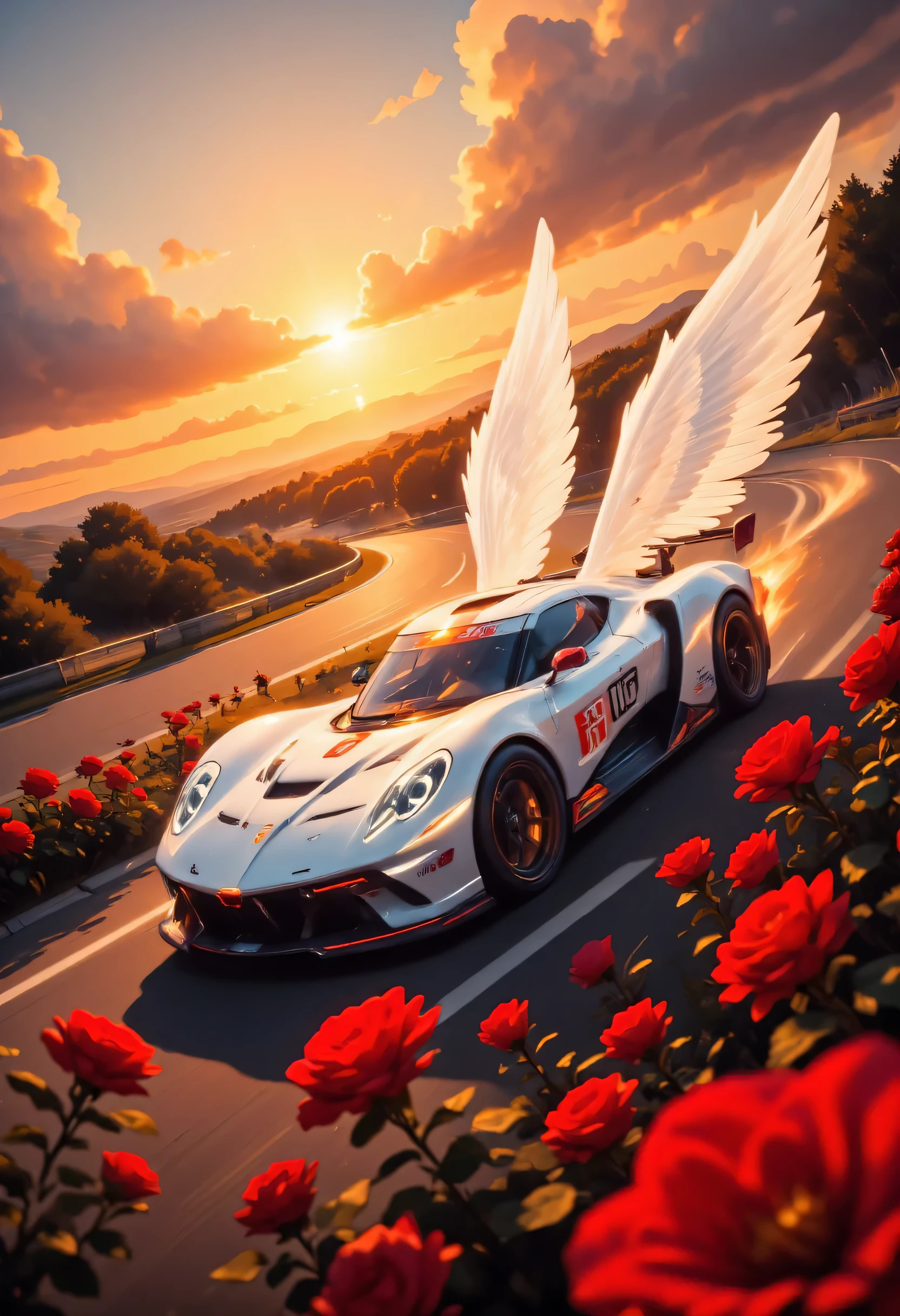 there is a white racing car on a race track, the car has white angel wings, roses along the track, the sun is setting behind the car, zavy-ctcmcs, w1n