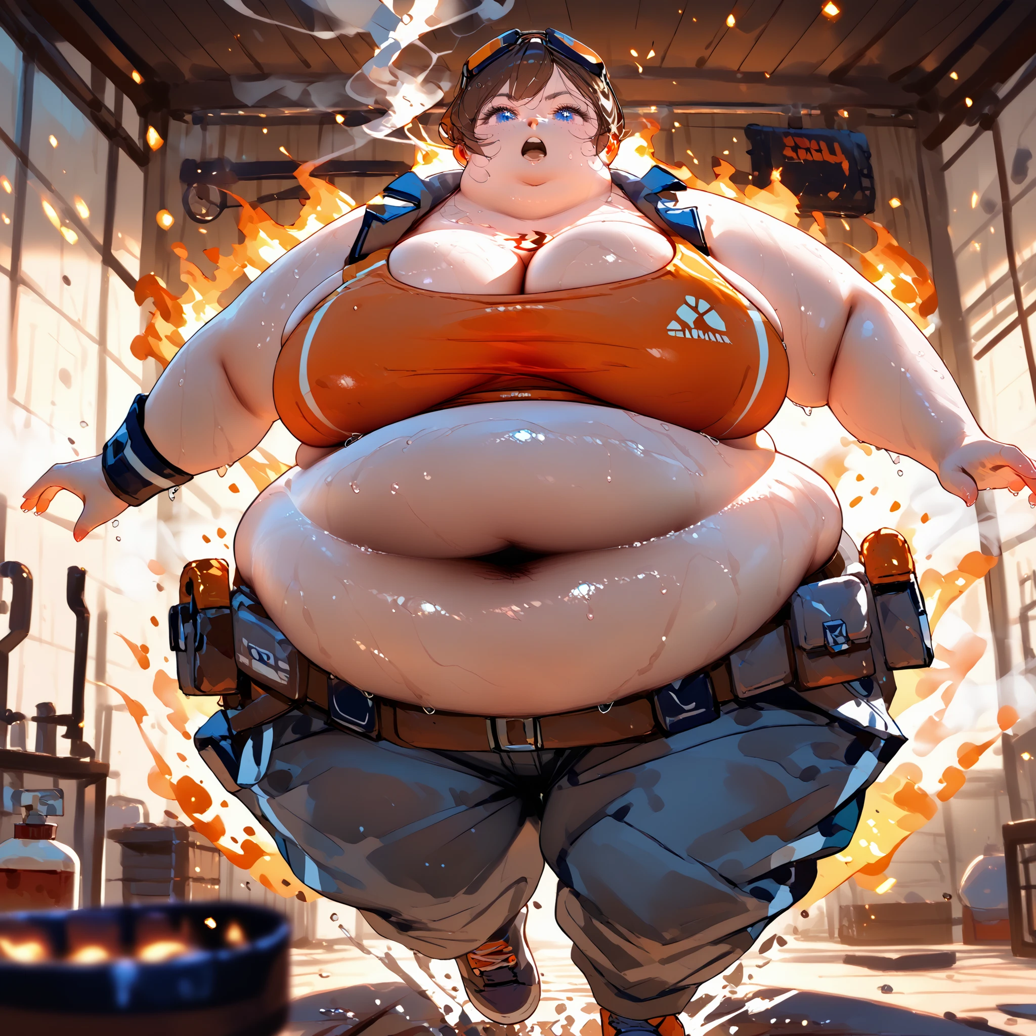 score_9,score_8_up,score_7_up,score_6_up,score_5_up,score_4_up, Elliexl,short brown hair,blue eyes,chest tattoo, plump, cleavage, one big belly bbw girl, wearing an (undersized orange sports bra top) and (large baggy cargo workpants), (wet skin, sweaty skin and hair) (wearing tool belt around her waist with large pipewrench) , (running her hands down her body), big girl, in a (hot and molten factory room background) (soot and smoke, fire particles) (underboob:0.6),