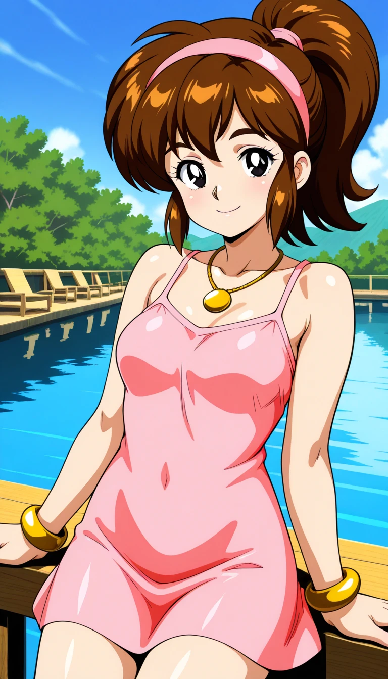 1 girl, Hiyama Hikaru, (Masterpiece, Best Quality, High Quality),(NSFW:1.3) cowboy shot,(from side),moist skin,volumetric lighting, illustration, beautiful, (see through camisole :1.1), big breasts, cleavage, floral print, looking at viewer,confident, seductive smile, (arms behind back, head tilt:1.1),hand on hip,heart pendant, perfect lighting, perfect shadows, flower, (breathtaking scenery:1.1), tree, blushing, outdoors