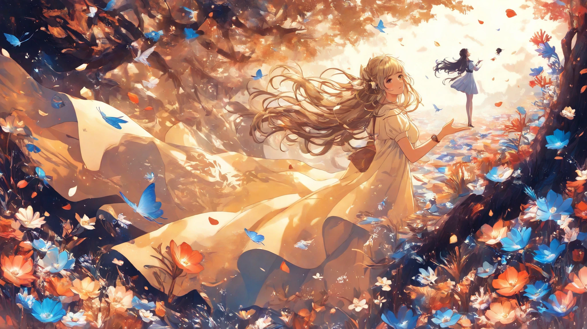 vetor arte, minimalista, a field of flowers, in the distance a tree bent by the wind, it appears as a shadow, In front of the majestic Moon, The wind causes flower petals and tree leaves to fly, giving a mystical air to the scene, In the foreground, The shadow of a girl, Watch the scene in amazement, Her hair flies with the wind , and are confused with flower petals. Golden palette, marine blue, coral.