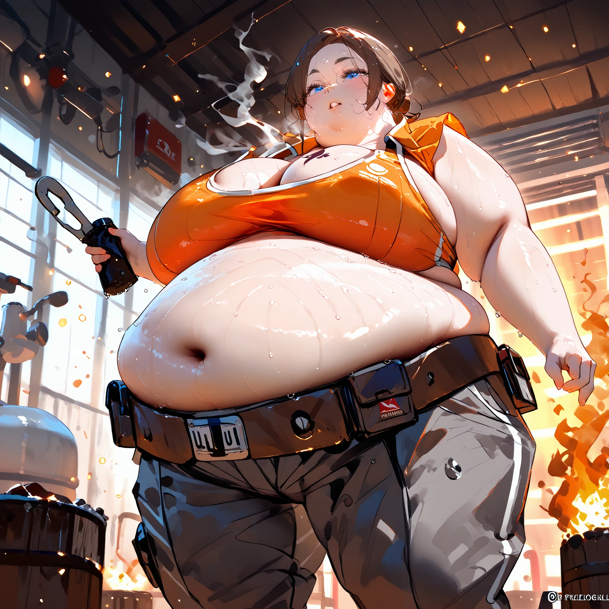 score_9,score_8_up,score_7_up,score_6_up,score_5_up,score_4_up, Elliexl,short brown hair,blue eyes,chest tattoo, plump, cleavage, one big belly bbw girl, wearing an (undersized orange sports bra top) and (large baggy cargo workpants), (wet skin, sweaty skin and hair) (toolbelt with large pipewrench) , (wiping the sweat from her forehead), big girl, in a (hot and molten factory room background) (soot and smoke, fire particles) (underboob:0.6),