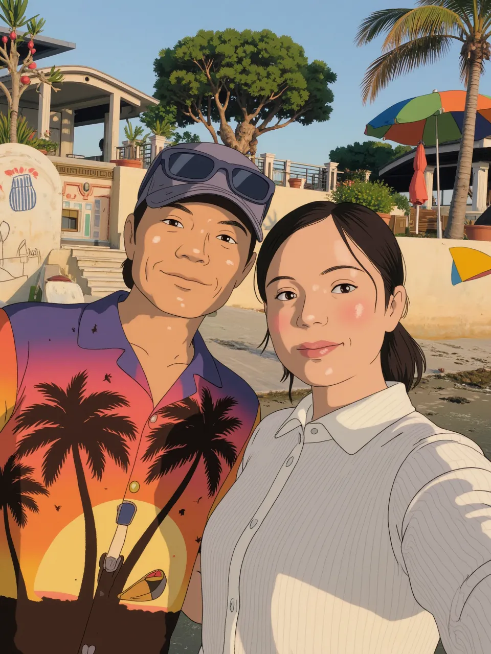 Illustration style、ukiyoe painting、26 year old、the beach、swim wears
