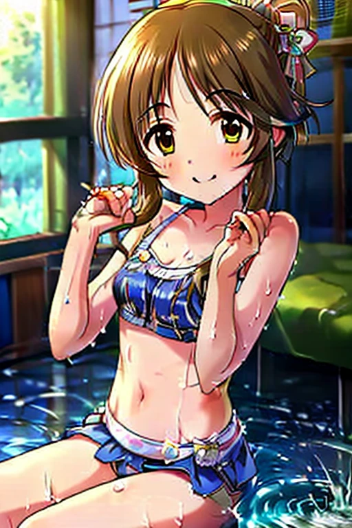 ((masutepiece)), ((Best Quality)), (Ultra-detailed), Anime style, Luxury bed, Cute s, 1girl in, Solo, Micro Bikini 00, ((Beautiful eyes)), large full breasts, wearing underpants, Smile