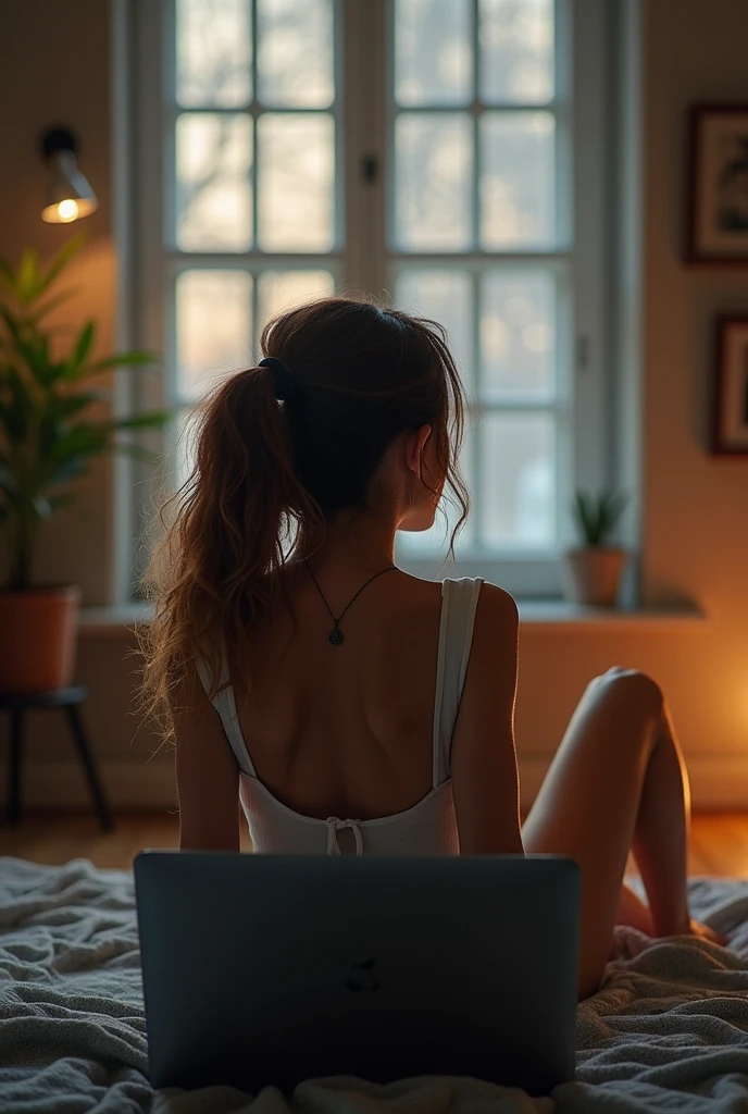 cute,The sexy girl is wearing a sexy one-piece red lingerie while studying on her desk with a low ponytail and slightly round glasses and bare feet. She looks sexy even without makeup. She has pills in her mouth. Her prominent boyfriend pulls her onto his lap and starts giving her hickeys. (He pins her down on the bed), Her glasses are still on and her hair is loose . They are locking lips