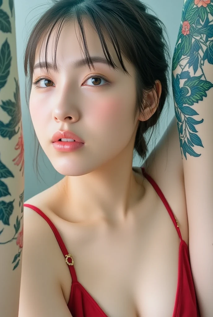 1 girl, 19 years old, south korean, 4k, masterpiece, frekles under eyes, long whavy brown hair, bright blue eyes, red lips, red eyeliners, massively large breast, off shoulder pink dress, discovered breast, tattoo in the neck, gold necklase, tilted head, happy, big smile, perfect teeth, lots of frekles under eyes, detailed face, night time, lying in a bed, facing camera.