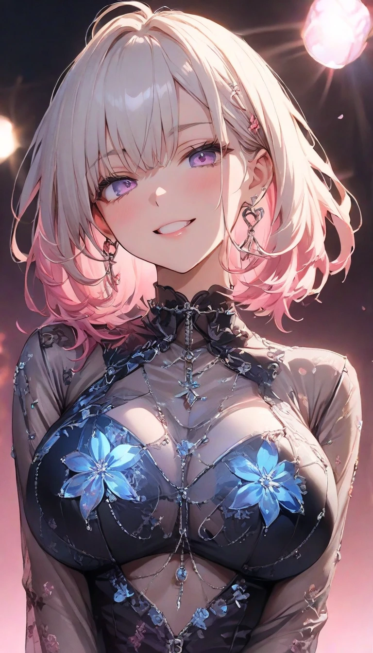 beautiful, High resolution, masterpiece, high quality, Very detailed, shape:1.5) One Girl,alone,heart 髪飾り,heart,heart 目,Multicolored Hair,Upper Body,Pink Hair,dress,black 襟,Multicolored background,Pink Eyes,Purple eyes,bangs,Blue Hair,Medium Hair,smile, Sexy pose,