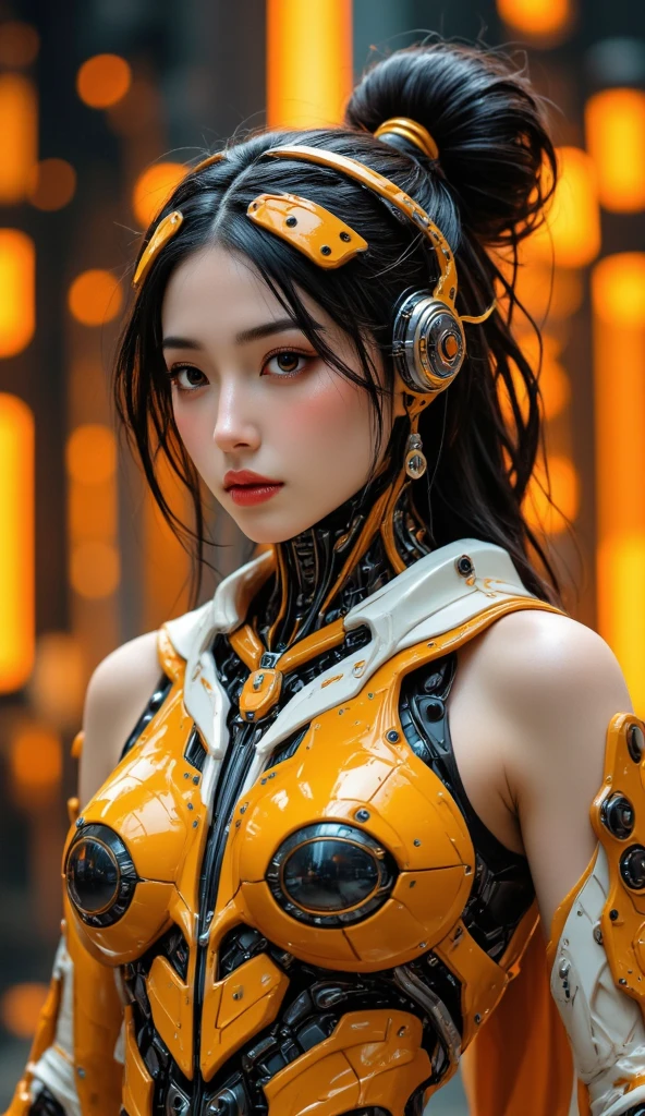 top-quality、masterpiece、超A high resolution、(Photorealsitic:1.4)、Raw photo、Black hair、glowy skin、1 cyborg girl、((super realistic details))、portlate、Global Illumination、Shadow、octan render、8K、ultrasharp、Colossal tits、Raw skin is exposed in cleavage、Bionic Cyborg Girl、Black fiberglass body、Details of intricate ornaments of golden color、Insect specifics、Biological curve form、Golden hydraulic cylinder、highly intricate detail、Realistic light、CGSoation Trends、a purple eye、radiant eyes、Facing the camera、neon details、blood vessels connected to tubes、Mechanical vertebrae attached to the back、mechanical cervical attaching to neck、sitting on、Wires and cables connecting to the head、Gorgeous headset、Glowing LED lamp、The background is a steampunk room、