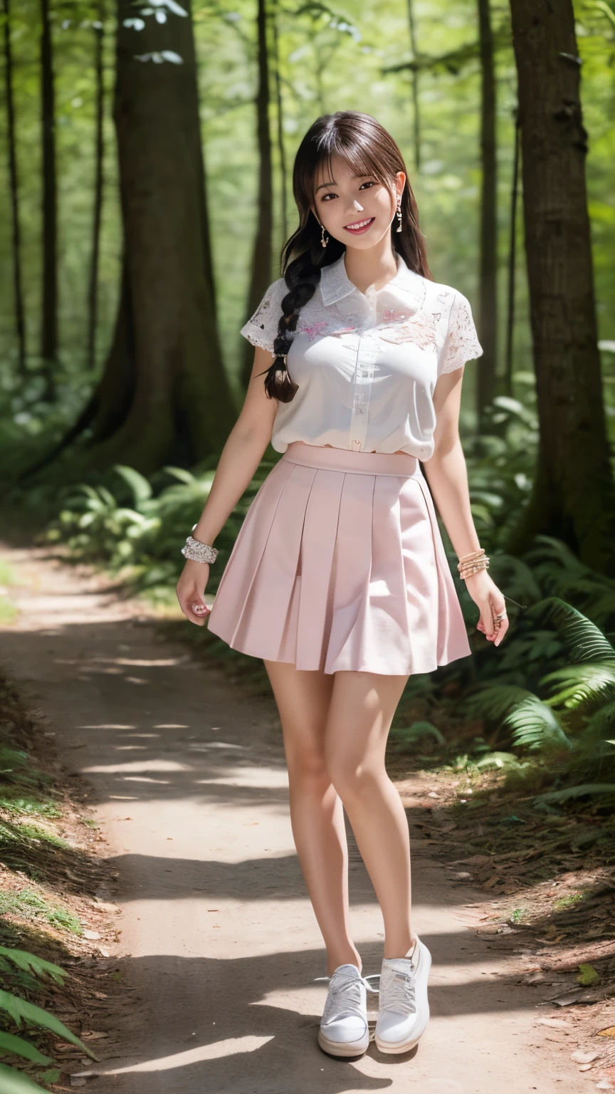(((Japanese woman))),high school girl,(Long braided hairstyle:1.2),( hair color is white:1.3),(Clear brown eyes),light in eyes,(thigh),( white shoes :1.35),slender body,(((cute smile like an idol:1.35))),((draw the face accurately:1.4)),( accurately depict the fingers of the hand),((Precisely depict the toes:1.25),(Beautiful and big breasts:1.25),(Standing in the woods:1.5),(((Strong winds))),((RAW photo,greatest masterpiece,Best Quality,16k,ultra high definition,reality:1.5)),(detailed eyes and face:1.3),Professional Photography Techniques,(detailed hands:1.2),((beautiful hair fluttering in the wind:1.2)),((white blouse with lace embroidery on the collar:1.25)),((light pink skirt with lace embroidery on the hem:1.35)),(Ribbon on chest),(fluttering skirt:1.3),(take a full body shot:1.5),Simple Necklaces,Dangling Earrings,Thin bracelet on the wrist