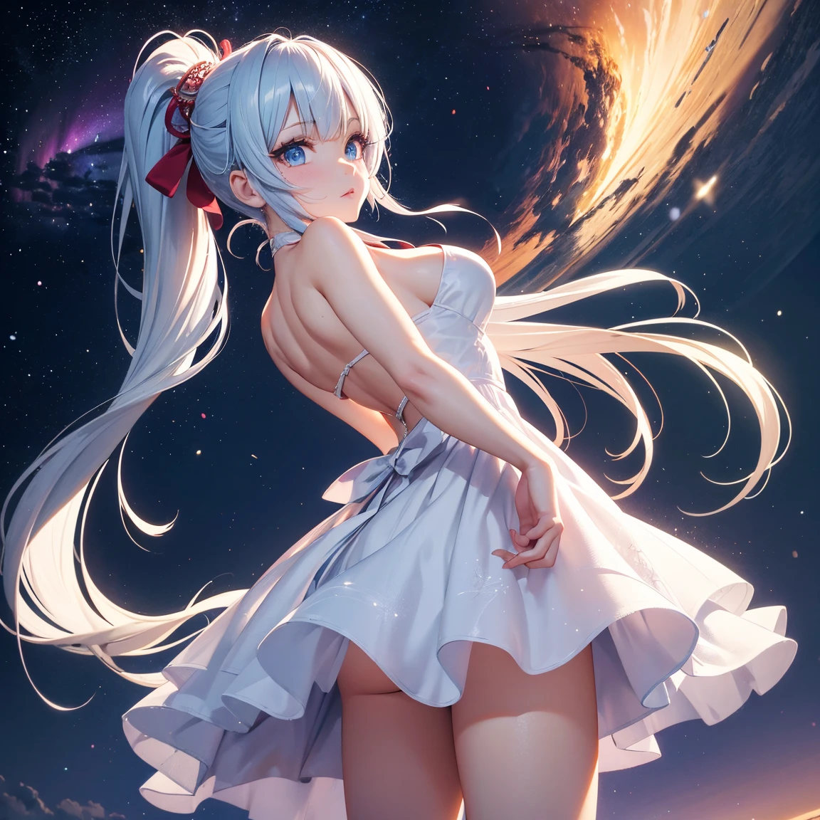 (masterpiece:1.5, Highest quality, Very detailed、 Dutch Angle、Semi-Realistic、Fantasy)(One girl, alone)(White and beautiful hair:1.4,,Straight Long Hair)(White based dress)、((Off the shoulder、Medium Chest、ruby necklace))(from backside,The buttocks are slightly visible、Legs wrapped in tights)(Beautiful starry sky、Mystical Night、Particles of light float around the woman、Fantasyな空間)Kiana Kaslana