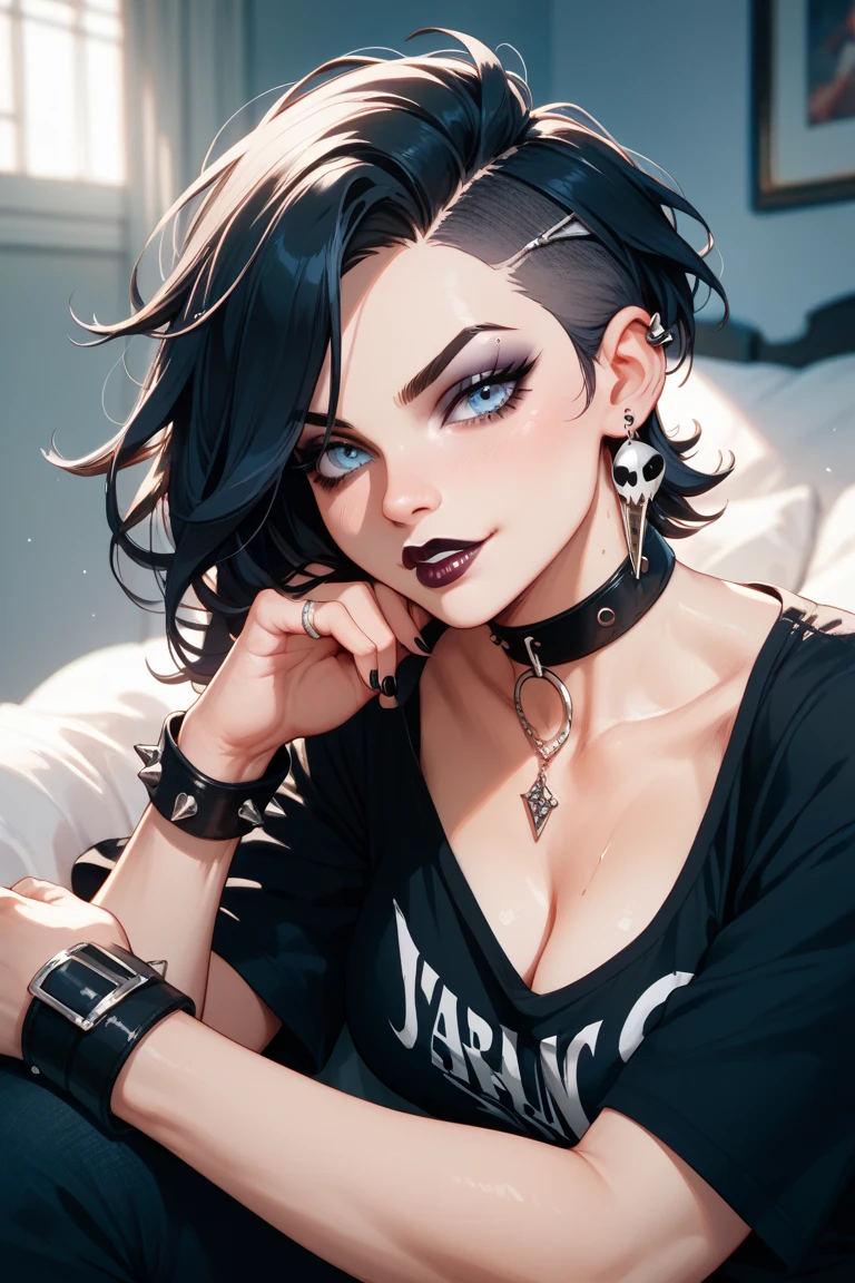 Amazing portrait of a sexy woman with a beautiful face with lots of makeup with smokey eyeliner showcasing her seductive eyes and red lips parted seductively having short black hair in bob style styled with a black Fedora wearing a unbuttoned white shirt tied in the middle showcasing her medium chest with cleavage and her midriff styled with a blue and white tie and denim black short shorts posing seductively