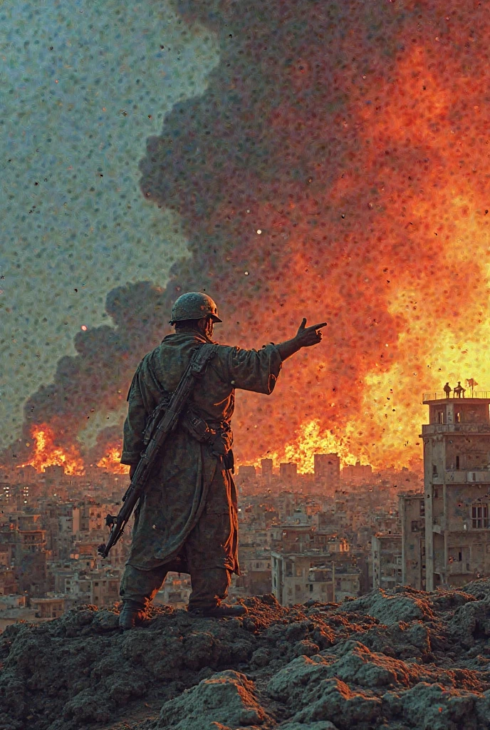 Amidst the deafening echoes of artillery fire and the billowing smoke of scorched landscapes, capture the poignant scene of a weary, battle-hardened soldier in the heart of World War II. With a tear-streaked face and mud-caked uniform, he clutches a faded photograph, his last connection to a world left behind. Surrounding him, the devastation of war unfolds: comrades rally, stoically persevering; tanks rumble forward, leaving trails of destruction; overhead, fighter planes engage in a dance of aerial combat. In the distance, a war-torn city's skyline bears the scars of relentless bombings. Amidst the chaos, this soldier embodies the resilience and sacrifice of an entire generation, a symbol of humanity's indomitable spirit in the face of adversity.