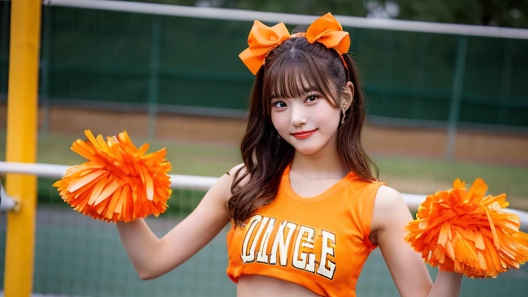 masterpiece, Highest quality, Very detailed, High resolution, (Realistic, photoRealistic:1.37), One beautiful woman, 18-year-old, sexy, Cheerleader, (Holding a pom-pom in both hands:1.3), (mini skirt, Thighs, focus:1.5), smile, cheer leading, Cheerleader uniform, Tank top, マイクロプリーツmini skirt, ((Very delicate and beautiful)), (Bokeh, Blurry outdoor background), Brown Hair, Long Hair, bangs, Very beautiful face, Cute type, Big Natural Color Lip, Big and pretty eyes, Brown eyes, Obvious double, Small and cute nose, Soft Skin, (Glowing Skin, Sweaty: 1.2)&#39;Beautiful legs, 豊満なThighs, Plump body, Huge breasts, (Expresses the roundness and softness of the chest area........1), Beautiful body, (A perfect feminine figure) , Spread your legs, (Provocative dynamic pose), Skirt flip,