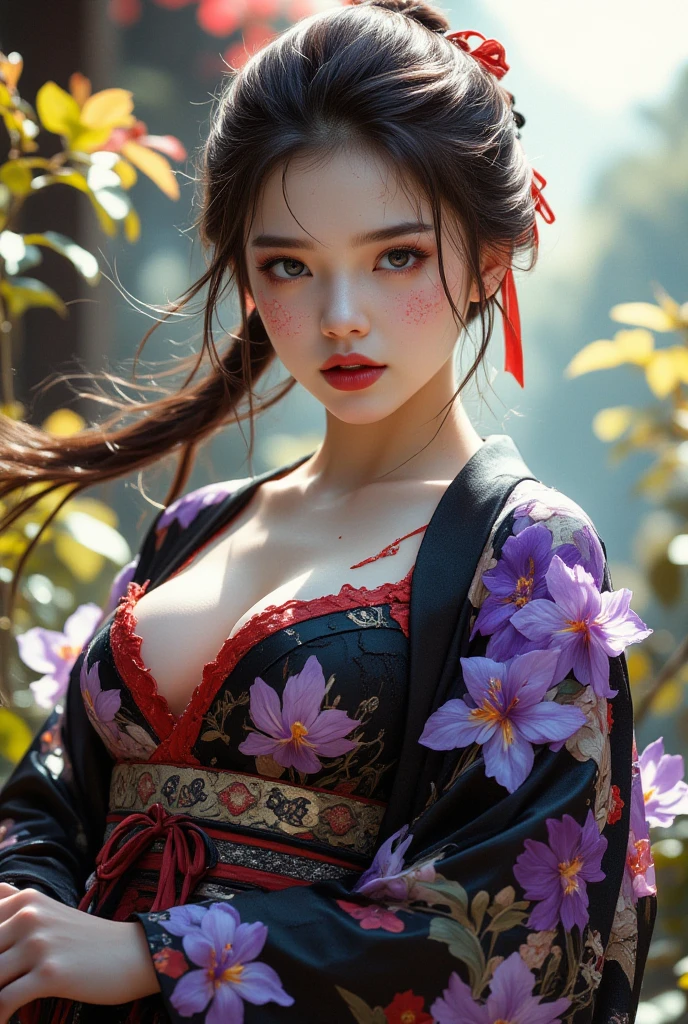 (Surreal) , (illustration), (Improve resolution), (8K), (Extremely detailed), (best illustration), (Beautiful and delicate eyes), (best quality), (Extremely detailed), (masterpiece), (wallpaper), (Delicate face), Solitary,1 girl, Looking at the audience, Black straight hair, Full breasts, Fine details, in the darkness, Deep Shadows, Low profile, Purebred face_v1, a happy expression, Japanese kimono clothing, whole body, forest