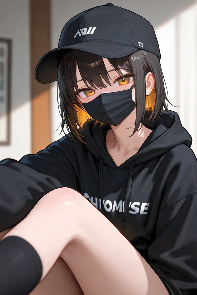 1girl, (sonriente), Cara perfecta, Beautiful, ojos negros, pelo corto, cabello negro, (sonrojarse), dentro, Dentro de la casa, ventana, (Obra maestra), La mejor calidad, high resolusion, absurdos, 8k,piernas descubiertas,sobre la cama,sudadera negra cerrada,cabello rizado,latina,Una hermosa mujer Kitsune, mascara Kitsune,Okami, Anime Catgir,cabello alborotado,pose sexy,sentada,